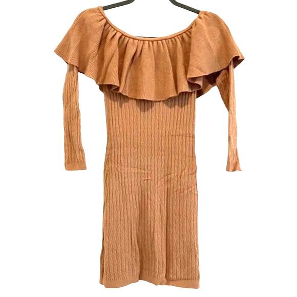 Olivaceous Sweater Dress Long Sleeve Bodycon Cashmere Blend Ruffle Nude Medium - Picture 5 of 5